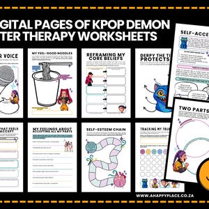 May include: A set of 15 digital K-Pop Demon Hunter therapy worksheets. The pages include illustrations and prompts for self-reflection, covering topics such as inner voice, core beliefs, and self-esteem. The worksheets are designed with colourful graphics and text.