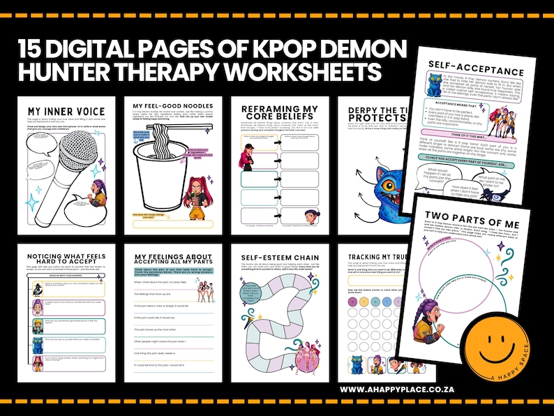 May include: A set of 15 digital K-Pop Demon Hunter therapy worksheets. The pages include illustrations and prompts for self-reflection, covering topics such as inner voice, core beliefs, and self-esteem. The worksheets are designed with colourful graphics and text.