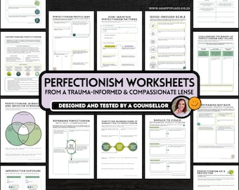 Hoja de trabajo sobre perfeccionismo, Terapia cognitivo-conductual y asesoramiento con enfoque en el trauma (PDF imprimible), Autocompasión, Agotamiento, Creencias centrales y herramientas para superar el síndrome del impostor