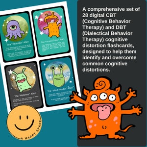 May include: A set of 28 digital flashcards designed to help identify and overcome common cognitive distortions. Each card features a colorful cartoon alien with a different cognitive distortion labeled on the card. The cards are part of a set for Cognitive Behavioral Therapy (CBT) and Dialectical Behavior Therapy (DBT).