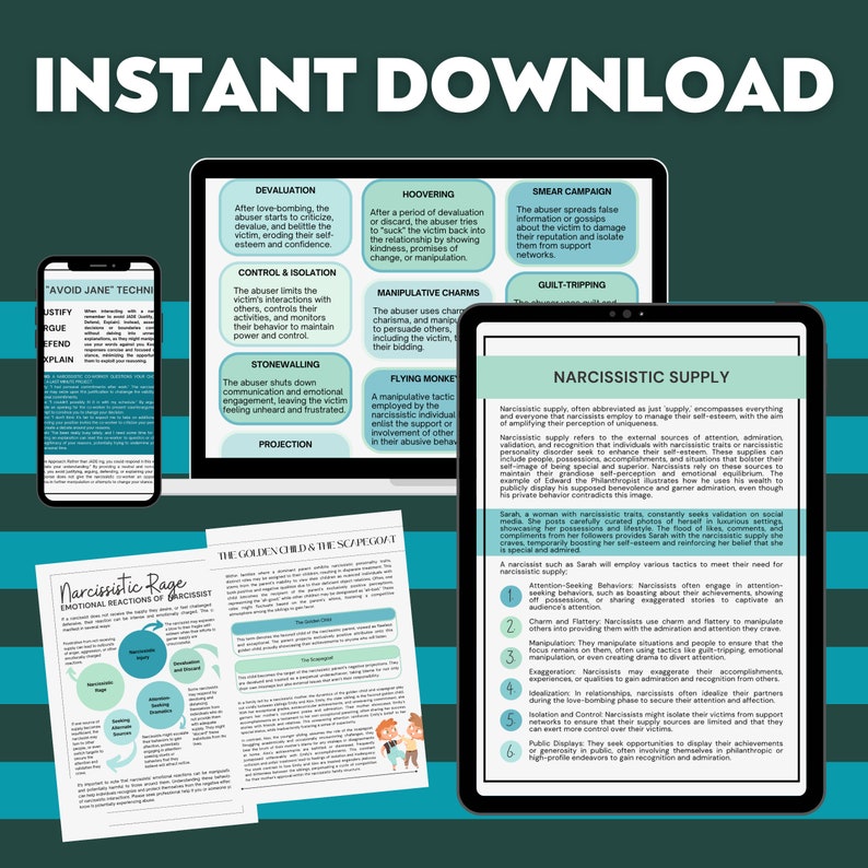 May include: Digital download graphic with the text "Instant Download" and information on narcissism, including "Narcissistic Supply" and "Narcissistic Rage." The image includes a phone, laptop, and tablet displaying text and graphics.