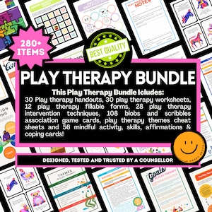 Play Therapy Resource Bundle for Therapists Child School Counselor Gestalt SEL Play-Based Intervention Worksheets Cheat Sheets Techniques EQ