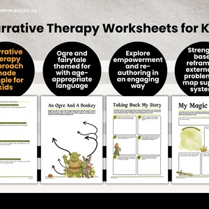 May include: A set of four worksheets titled "Narrative Therapy Worksheets for Kids." The worksheets include topics like "An Ogre And A Donkey" and "My Magic Name." The image features text and illustrations, designed for therapeutic use.