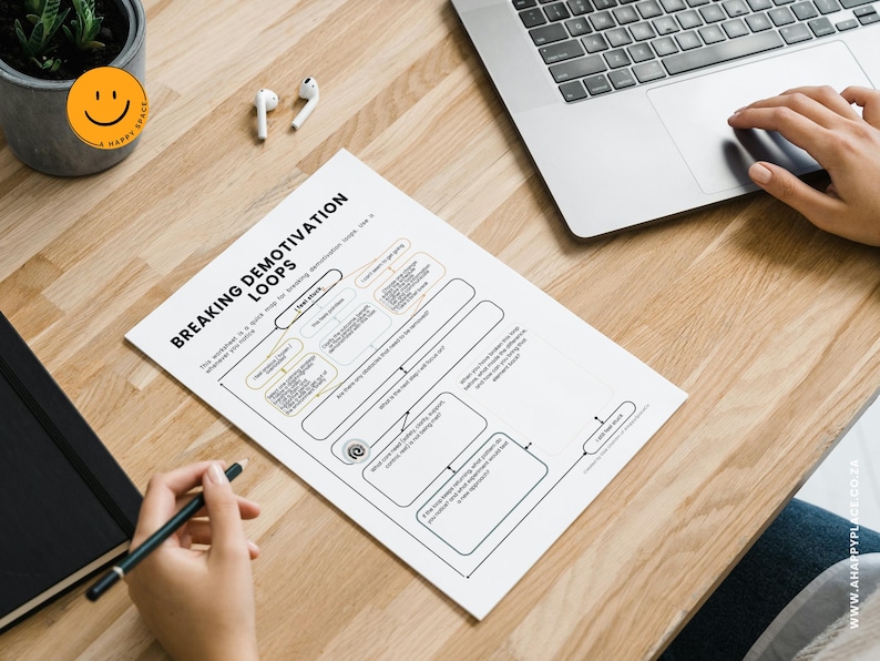 Puede incluir: Una hoja de trabajo titulada "Breaking Demotivation Loops" est&aacute; sobre un escritorio de madera, junto a un port&aacute;til y un cuaderno. Una mano sostiene un bol&iacute;grafo y otra usa el panel t&aacute;ctil del port&aacute;til.