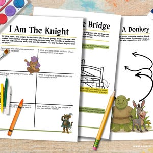 May include: Three worksheets with Shrek-themed illustrations and text. The worksheets are titled "I Am The Knight", "The Bridge", and "A Donkey". Colored pencils, a paintbrush, and a watercolor palette are also visible.