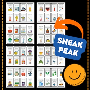May include: A colorful bingo card with 25 squares, each containing an illustrated icon and a short phrase. The phrases are related to daily routines and self-care. The card is titled "Sneak Peak" and has a smiley face with the text "A Happy Space" below it.