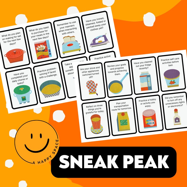 May include: A set of 16 colorful cards with prompts for daily self-care and mindfulness activities. The cards feature illustrations of various household items and activities, such as cooking, cleaning, and taking a break.