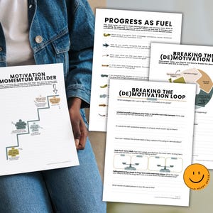 Puede incluir: Una persona sostiene varias hojas blancas con texto y diagramas. Las hojas incluyen t&iacute;tulos como "Motivation Momentum Builder", "Progress as Fuel" y "Breaking the (De)Motivation Loop". Las hojas tienen un dise&ntilde;o minimalista con texto y gr&aacute;ficos sencillos.
