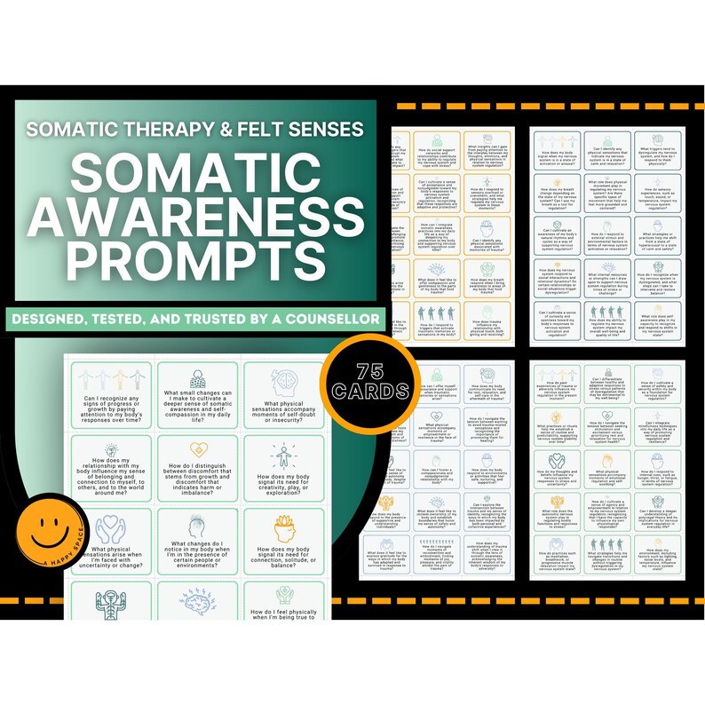 Somatic Awareness Journal Prompt Question Cards Experiencing SE Felt Senses Worksheets Trauma Therapy Question Polyvagal PTSD Body Based Counseling Vagus Nerve EMDR TF-CBT Trauma-informed