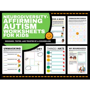 Autisme-werkbladen ASS-werkboek voor kinderen Autistische kinderen Speciale interesses ontmaskeren Sensorische spectrumregulatie Neurodivergente NDA-grenzen