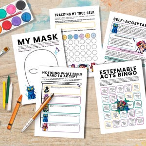May include: A selection of printed worksheets for self-reflection and mental wellbeing, featuring prompts such as "Tracking My True Self" and "Esteemable Acts Bingo." The image includes a watercolour paint set, crayons, and a pen, suggesting creative journaling.