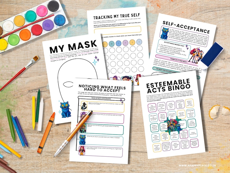 May include: A selection of printed worksheets for self-reflection and mental wellbeing, featuring prompts such as "Tracking My True Self" and "Esteemable Acts Bingo." The image includes a watercolour paint set, crayons, and a pen, suggesting creative journaling.