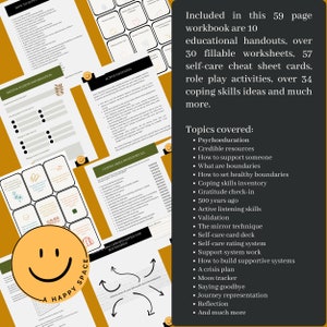 Op de afbeelding: Een werkboek van 59 pagina's met educatieve handouts, werkbladen en zelfzorgkaarten. Onderwerpen zijn onder meer psycho-educatie, copingvaardigheden en het bouwen van ondersteunende systemen. Een logo met een lachend gezicht is zichtbaar.