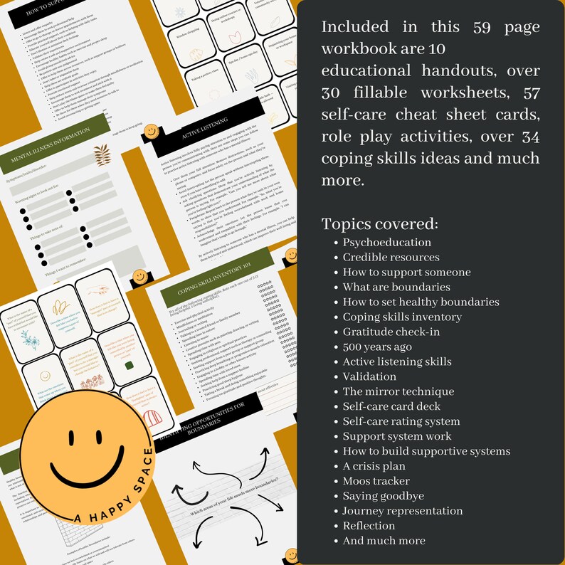 Op de afbeelding: Een werkboek van 59 pagina's met educatieve handouts, werkbladen en zelfzorgkaarten. Onderwerpen zijn onder meer psycho-educatie, copingvaardigheden en het bouwen van ondersteunende systemen. Een logo met een lachend gezicht is zichtbaar.