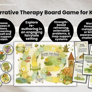 May include: A board game for kids with the title "Narrative Therapy Board Game for Kids". The game includes a board, cards, and tokens. The board game features a fairytale theme with the text "Rewrite Your Quest".