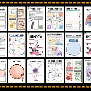 May include: A collection of colorful educational worksheets with titles like "Envy is a Cheerleader," "Anxiety," and "Mixed Emotions." The pages feature illustrations and fill-in sections for emotional learning.