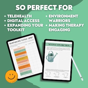 May include: Two digital tablet screens with a green background. The left screen shows a worksheet titled "Boundary Style Quiz" with a grid of questions and answers. The right screen shows a worksheet titled "Needs Exploration" with a watering can illustration and a section for journaling.