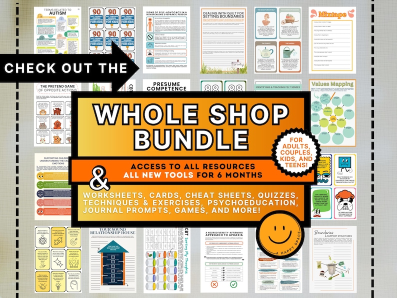 May include: A collection of educational resources, including worksheets, cards, and quizzes, is displayed. The image features the text "WHOLE SHOP BUNDLE" and "ACCESS TO ALL RESOURCES." The bundle is designed for adults, couples, kids, and teens, offering tools for various learning needs.