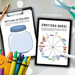 May include: An image featuring educational tools. A clipboard with the text "Bottling Up Feelings" and a jar illustration, a tablet displaying an "Emotions Wheel", colorful crayons, a pen, and scissors.