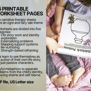 May include: A child holds a worksheet titled "Sidekick Potions" with a drawing of a potion bottle. The worksheet is part of a set of 25 printable worksheet pages with an ogre and fairy tale theme. The text on the worksheet is in English.