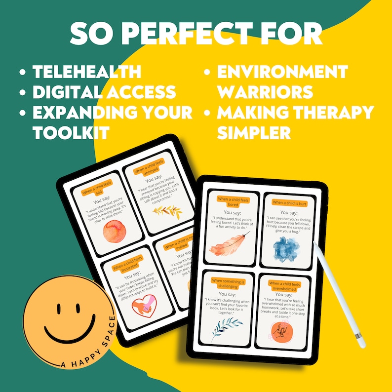 May include: A digital tablet displaying a set of printable cards with watercolor illustrations and text prompts for helping children cope with difficult emotions. The cards include phrases like "When a child feels sad", "When a child feels bored", and "When a child feels hurt".