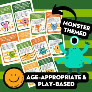 以下が含まれることがあります： モンスターをテーマにしたゲームカードは、子供たちに境界線と社会性について教えるためのものです。カードには、カラフルなモンスターと、会話中に割り込む友人、許可なく私物を持ち出す兄弟姉妹、ソーシャルメディアに意地悪なコメントを投稿するクラスメートなど、さまざまなシナリオが描かれています。これらのカードは、子供たちが境界線を設定し、効果的にコミュニケーションを取り、難しい状況に対処することを学ぶのに役立ちます。