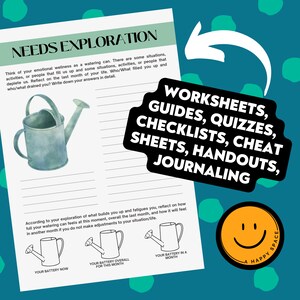 May include: A printable worksheet featuring a watering can illustration and the text "Needs Exploration". The worksheet is designed to help users reflect on their emotional well-being and identify activities, people, or situations that fill them up or drain them. The worksheet also includes a section for tracking their emotional "battery" level.