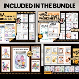 May include: A bundle of Inside Out 2 therapy worksheets and flashcards. The worksheets include topics like mixed emotions, core memory, and anxiety. The flashcards are designed by a counselor and feature colorful illustrations and text.