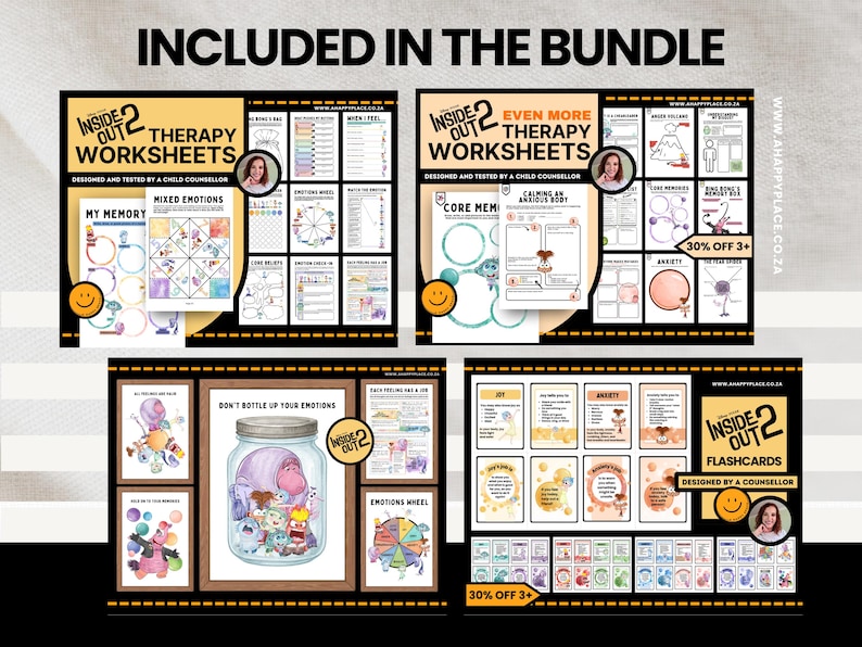 May include: A bundle of Inside Out 2 therapy worksheets and flashcards. The worksheets include topics like mixed emotions, core memory, and anxiety. The flashcards are designed by a counselor and feature colorful illustrations and text.