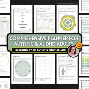 May include: A comprehensive planner for autistic and ADHD adults, designed by an autistic counselor. The planner includes various pages with charts, graphs, and checklists. The design is primarily black and white with green and yellow accents. The planner's title is in a large, green banner.