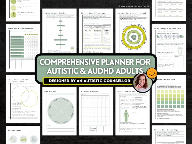 May include: A comprehensive planner for autistic and ADHD adults, designed by an autistic counselor. The planner includes various pages with charts, graphs, and checklists. The design is primarily black and white with green and yellow accents. The planner's title is in a large, green banner.