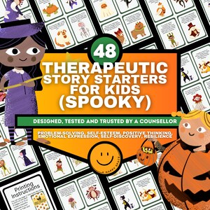 May include: 48 printable story starter cards featuring spooky Halloween themed illustrations. The cards are designed to help children with problem-solving, self-esteem, positive thinking, emotional expression, self-discovery, and resilience.