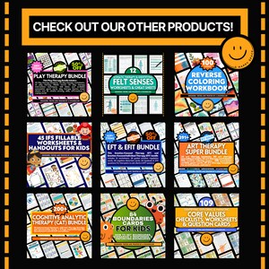 May include: A collage of nine colourful digital product covers for therapists and counsellors. The covers feature various themes, including play therapy, somatic therapy, art therapy, cognitive analytic therapy, and boundary setting. Each cover includes a title, a description, and a price.