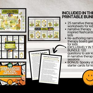 May include: A collection of printable resources for kids' narrative therapy, including a board game, worksheets, flashcards, and story starters. The image features framed materials with text like "Narrative Therapy Board Game for Kids" and "Therapeutic Story Starters for Kids (Spooky)."