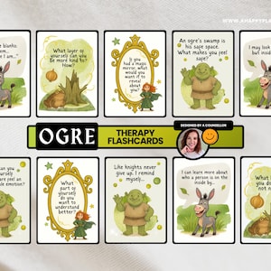 May include: A collection of "Ogre Therapy Flashcards" featuring cartoon illustrations of an ogre, a donkey, a frog, and a princess. Each card presents a question or prompt for self-reflection. The cards are designed by a counsellor.