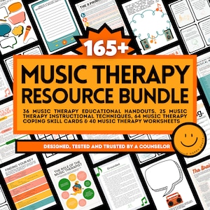 May include: A bright orange and yellow graphic with the text "165+ Music Therapy Resource Bundle" and a smiling yellow face. The graphic is surrounded by smaller images of music therapy resources, including worksheets, handouts, and coping skill cards.