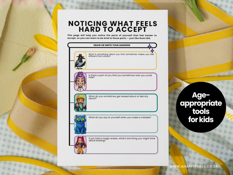 May include: A white worksheet titled "Noticing What Feels Hard to Accept" with prompts for self-reflection. The worksheet includes illustrations and the text "Age-appropriate tools for kids."