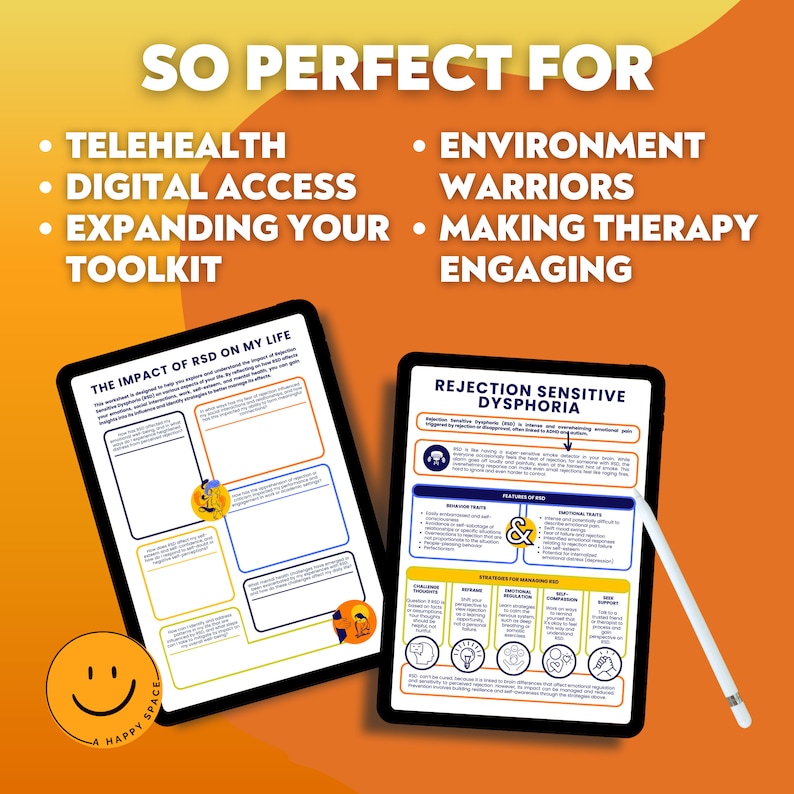 May include: Two tablets displaying worksheets on "The Impact of RSD on My Life" and "Rejection Sensitive Dysphoria." The tablets are on an orange and yellow gradient background with the text "SO PERFECT FOR" and bullet points.