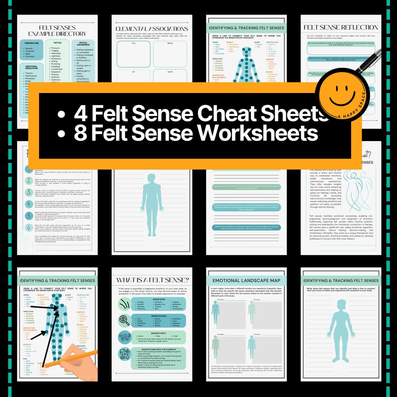 May include: A set of printable worksheets and cheat sheets for learning about felt senses. The worksheets feature body outlines with numbered points, and the cheat sheets include text and diagrams. The text includes the phrase "4 Felt Sense Cheat Sheets" and "8 Felt Sense Worksheets".