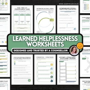 Könnte beinhalten: Eine Sammlung von ausdruckbaren Arbeitsblättern zum Thema erlernte Hilflosigkeit, entworfen von einem Berater. Die Arbeitsblätter behandeln Themen wie die Identifizierung von Kernüberzeugungen, Stärken und Strategien. Das Bild zeigt verschiedene Vorlagen.