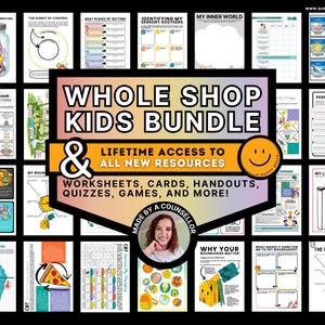 Op de afbeelding: Een verzameling afdrukbare werkbladen, kaarten, handouts, quizzen en spellen voor kinderen. De bundel bevat bronnen over onderwerpen als emoties, grenzen en sensorische kalmeringsmiddelen. De tekst "WHOLE SHOP KIDS BUNDLE" is prominent aanwezig.