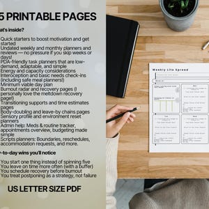 May include: A printable planner with the text "75 Printable Pages" and "US Letter Size PDF". The planner includes sections for weekly planning, goal setting, and daily tasks. A hand holds a pencil near the planner.