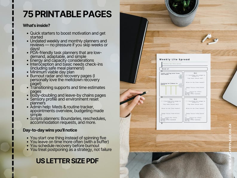 May include: A printable planner with the text "75 Printable Pages" and "US Letter Size PDF". The planner includes sections for weekly planning, goal setting, and daily tasks. A hand holds a pencil near the planner.