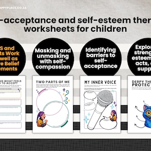 May include: Image of self-acceptance and self-esteem therapy worksheets for children. The image shows four black circles with text, including "Identifying barriers to self-acceptance" and "Exploring strengths." Below are worksheets with illustrations and prompts.