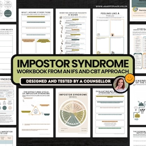 Puede incluir: Una colección de páginas de cuaderno de ejercicios titulada Impostor Syndrome Workbook from an IFS and CBT Approach. Los documentos presentan varios gráficos, registros y guías con texto, incluyendo secciones como Evidence of My Core Beliefs, Impostor Syndrome Wheel y Challenging Impostor Thoughts Log, diseñadas para la autorreflexión.