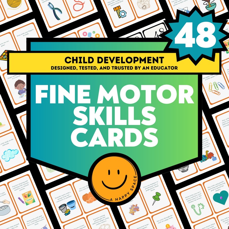 May include: A set of 48 colorful fine motor skills cards designed for child development. The cards feature various activities and objects to help children develop their fine motor skills. The cards are designed, tested, and trusted by an educator.