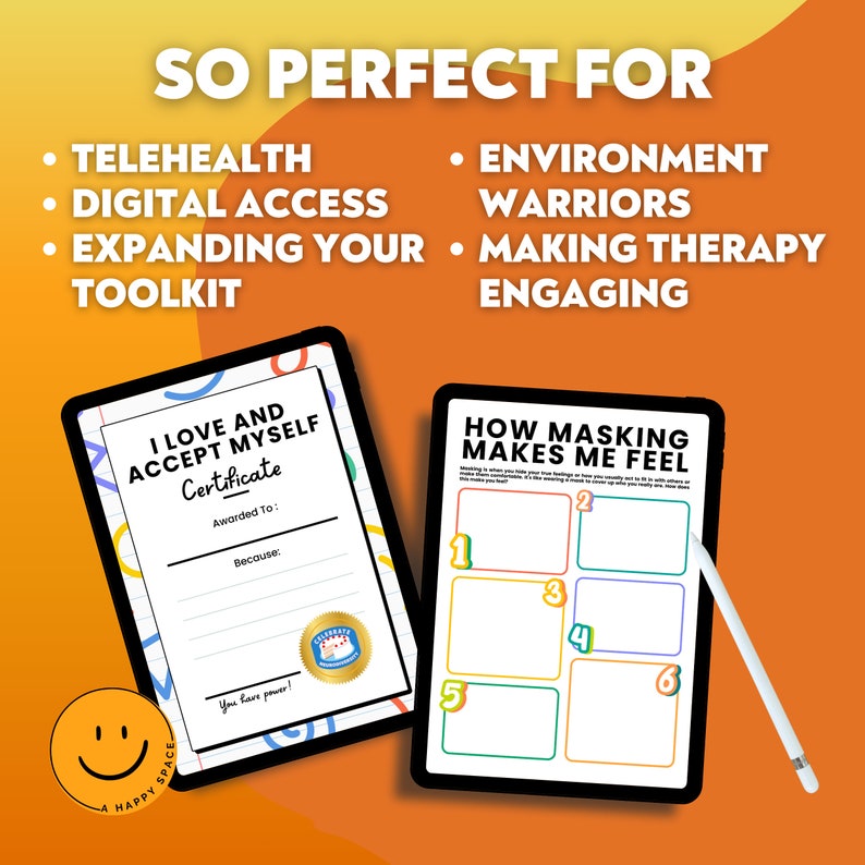 May include: Two digital printable worksheets for therapy. The first worksheet is a certificate titled "I Love and Accept Myself". The second worksheet is titled "How Masking Makes Me Feel" and has six blank boxes for journaling.
