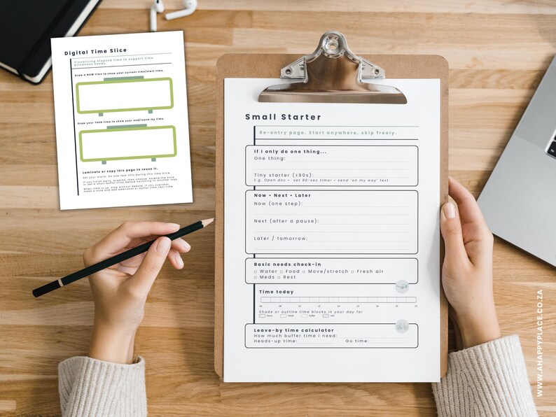 May include: A clipboard with a "Small Starter" checklist and a "Digital Time Slice" sheet. The checklist includes sections for tasks, needs, and time tracking. A hand holds a pencil, ready to write. A laptop and headphones are also visible.