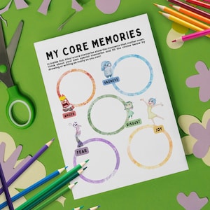 May include: A white paper with the text "MY CORE MEMORIES" and illustrations from the movie Inside Out. The paper has circles for drawing and writing, surrounded by colored pencils, scissors, and paper cutouts on a green surface.