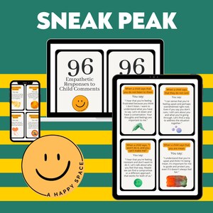 May include: A digital product mockup with a yellow and green background. The product is a digital download of 96 empathetic responses to child comments. The text "96 Empathetic Responses to Child Comments" is displayed on the screen. The product is designed to help parents and caregivers respond to children in a positive and supportive way.